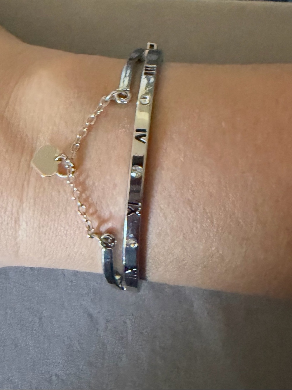 Silver Tone Roman Numeral Bangle Bracelet with Chain Accent